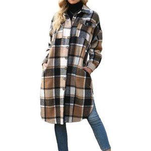 Womens Long Plaid Shacket Jacket Coat with Pockets, Khaki